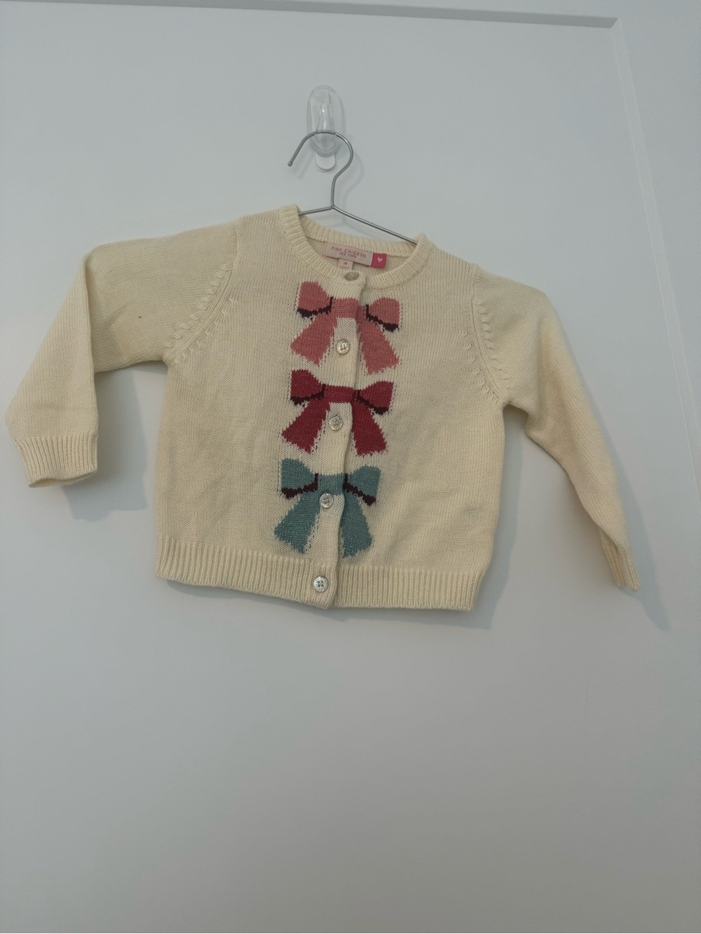Pink Chicken Cream Knit Cardigan with Pink and Teal Bows